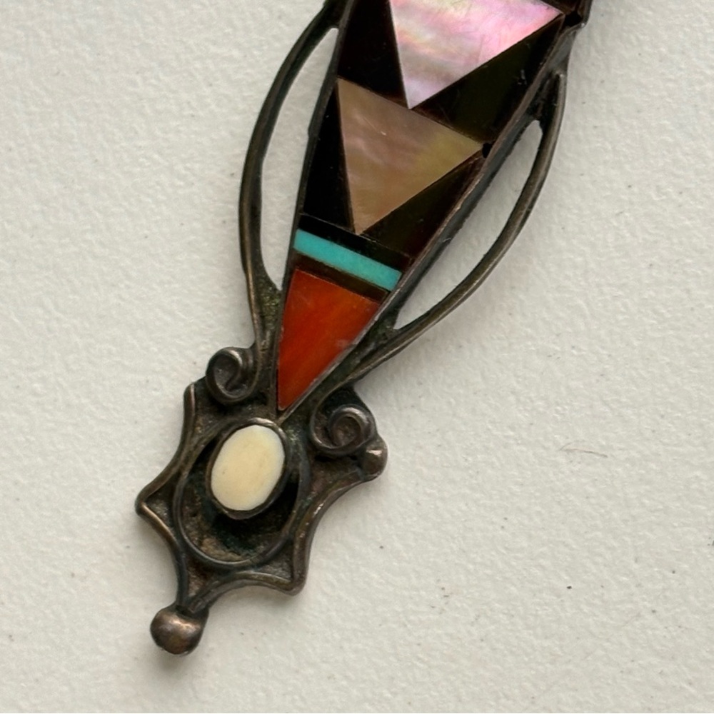 Sterling Zuni Adeline Bownannie Turquoise MOP Onyx  Coral inlay mosaic cross - Picture 10 of 16